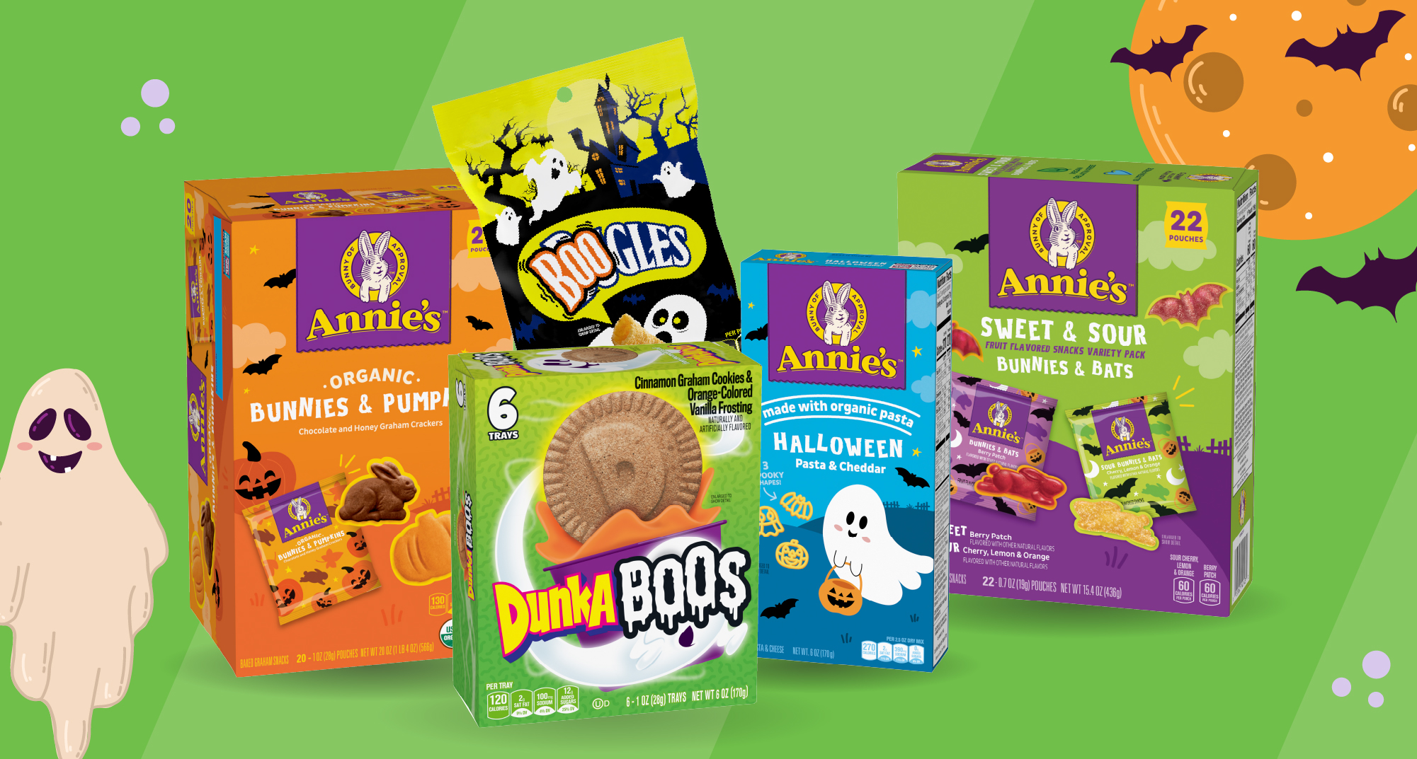 A collection of General Mills products including Annie’s Bunnies & Pumpkins Graham Crackers, Annie’s Bunnies & Bats Berry & Sours Fruit Snacks, Annie’s Halloween Cheddar Mac & Cheese, BOOgles Bugles, and DunkaBOOS Dunkaroos