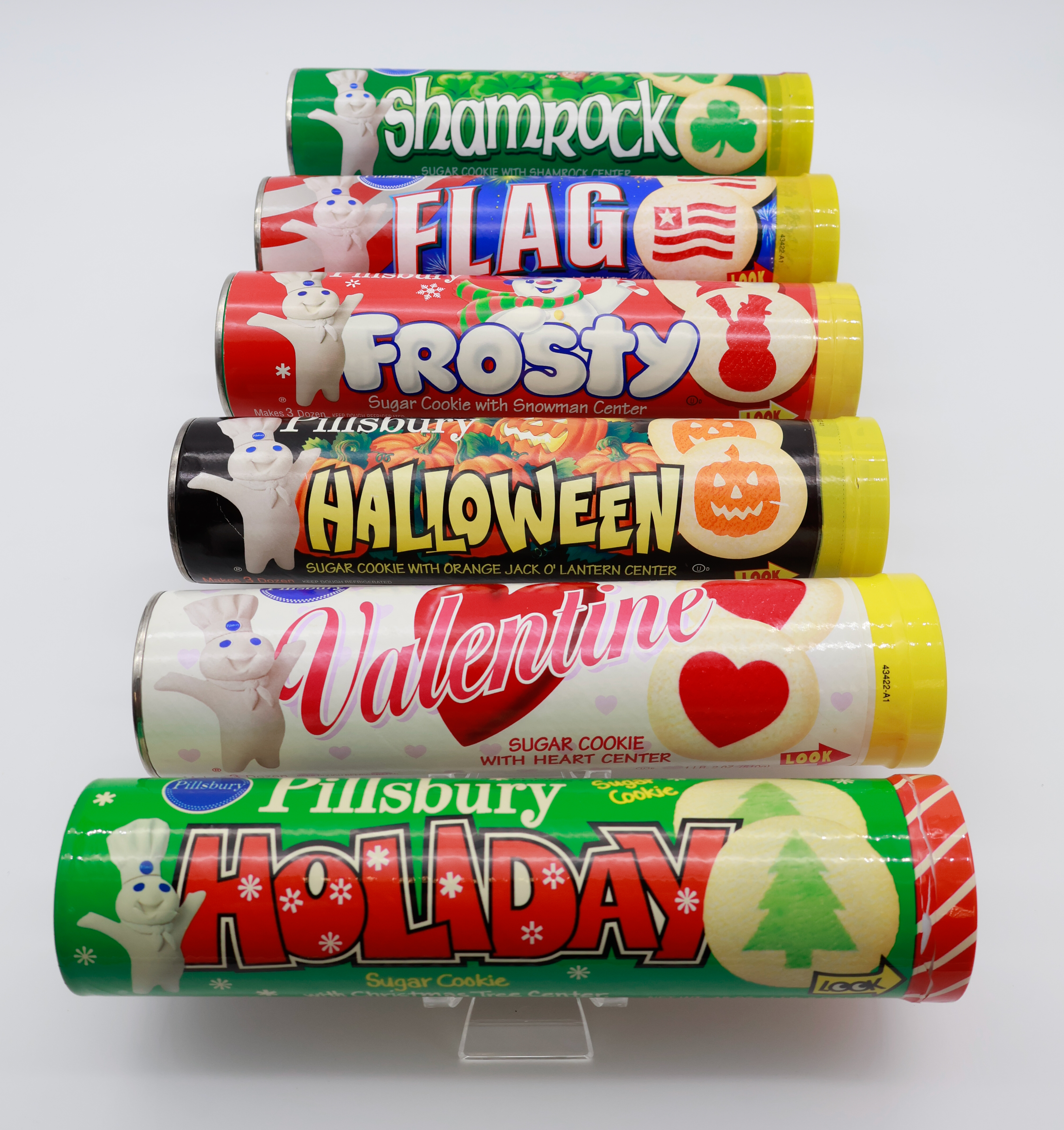 A photo of Pillsbury Slice n' Bake Shape Cookie packages including Holiday, Valentine and Shamrock