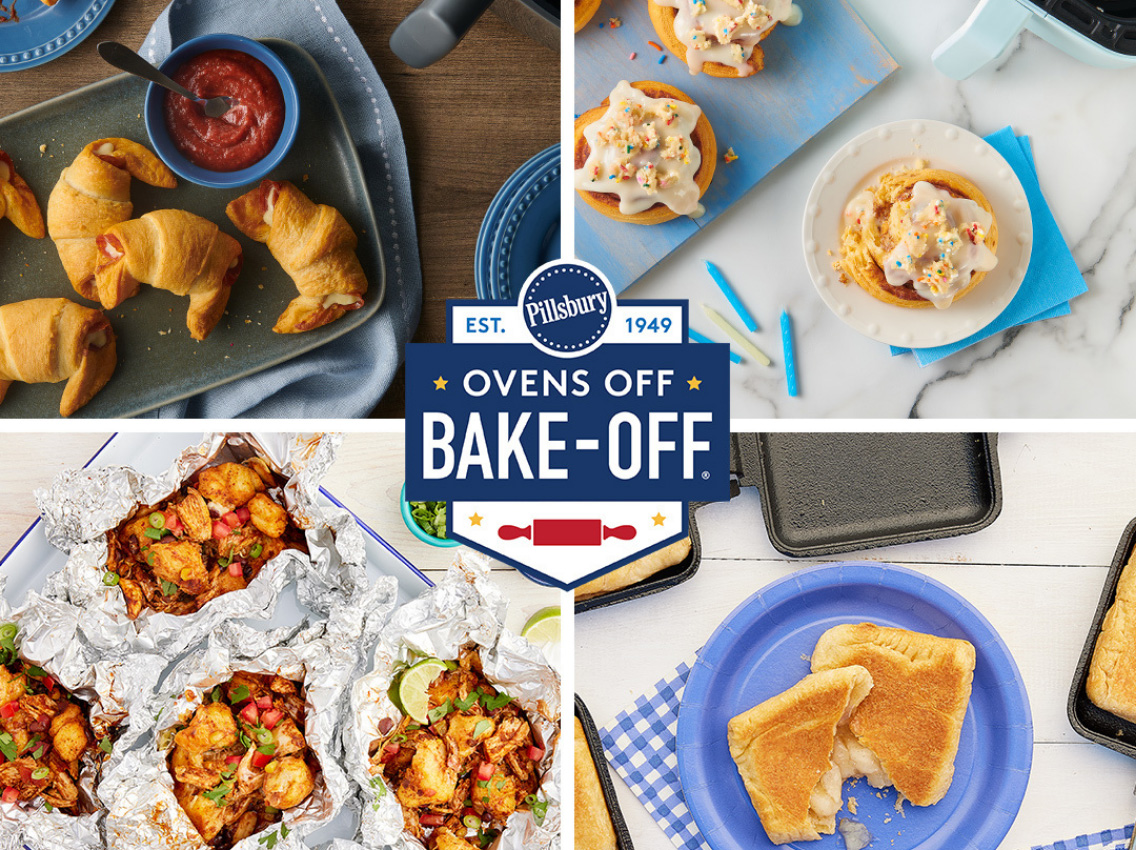A promotional collage for the "Pillsbury Ovens Off Bake-Off." A central logo is surrounded by four different food images that can be prepared without a traditional oven: pepperoni pizza-stuffed crescent rolls, decorated cinnamon rolls, grilled cheese sandwiches cut diagonally, and chicken and vegetable foil-packet meal.