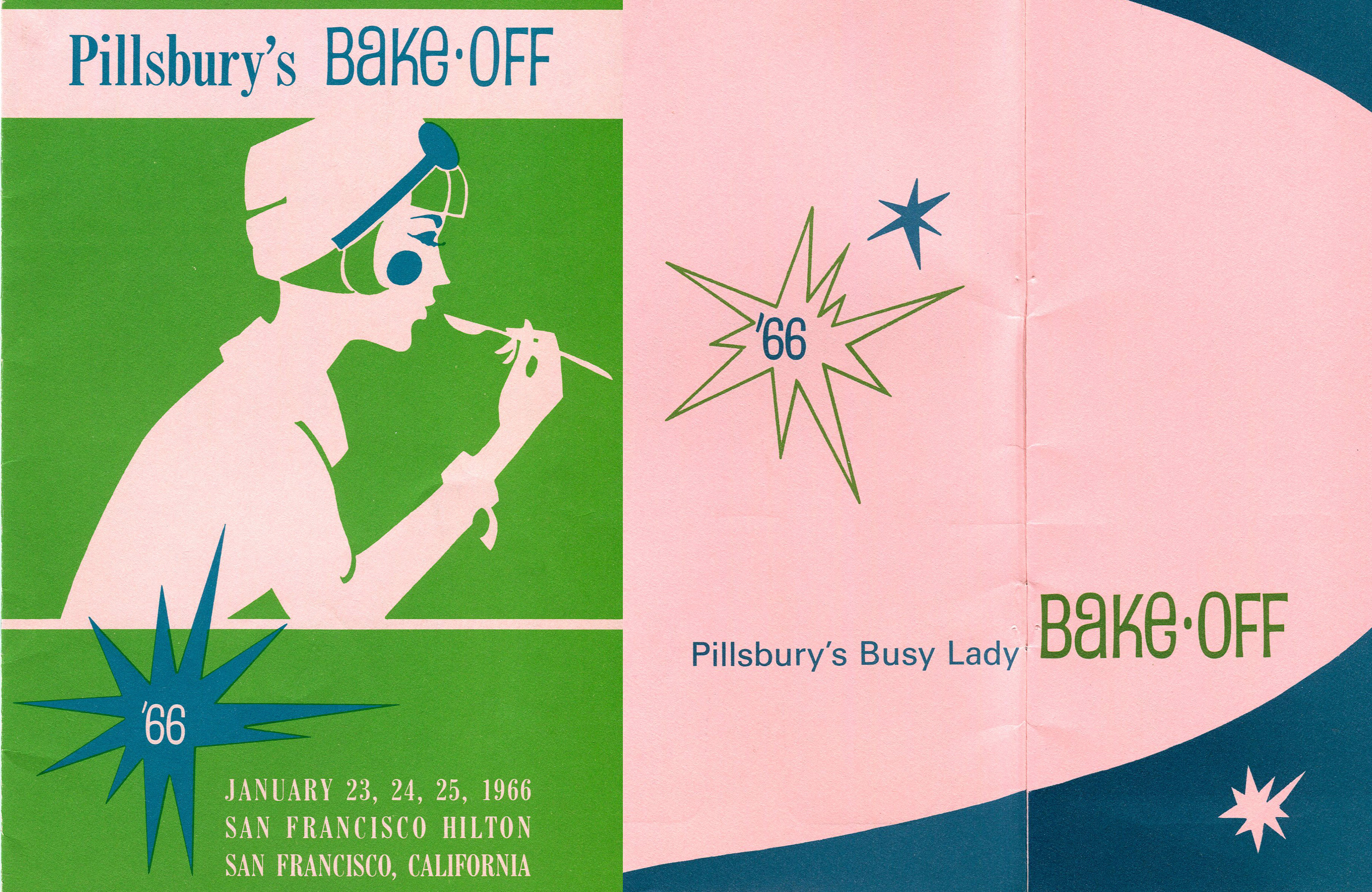A 1966 Pillsbury Bake-Off program featuring a mid-century modern design. The cover is split into a green section with a stylized illustration of a woman tasting food from a spoon, and a pink and blue section with the text "Pillsbury's Busy Lady Bake-Off.