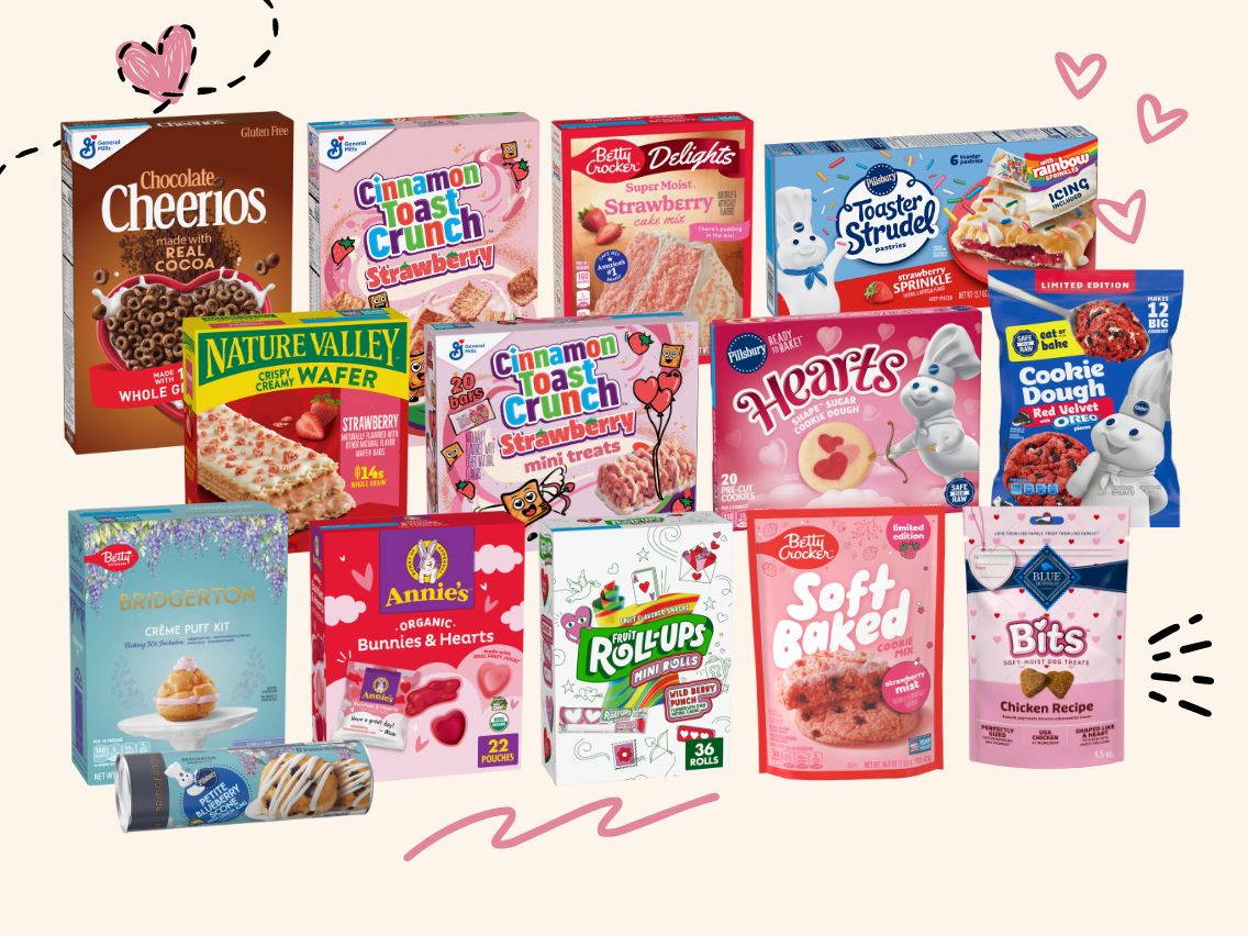 General Mill’s Valentine’s Day lineup of new and returning favorites including Pillsbury Heart Shape Cookies, Chocolate Cheerios and Cinnamon Toast Crunch Strawberry featured in front of a pink background with heart doodles.