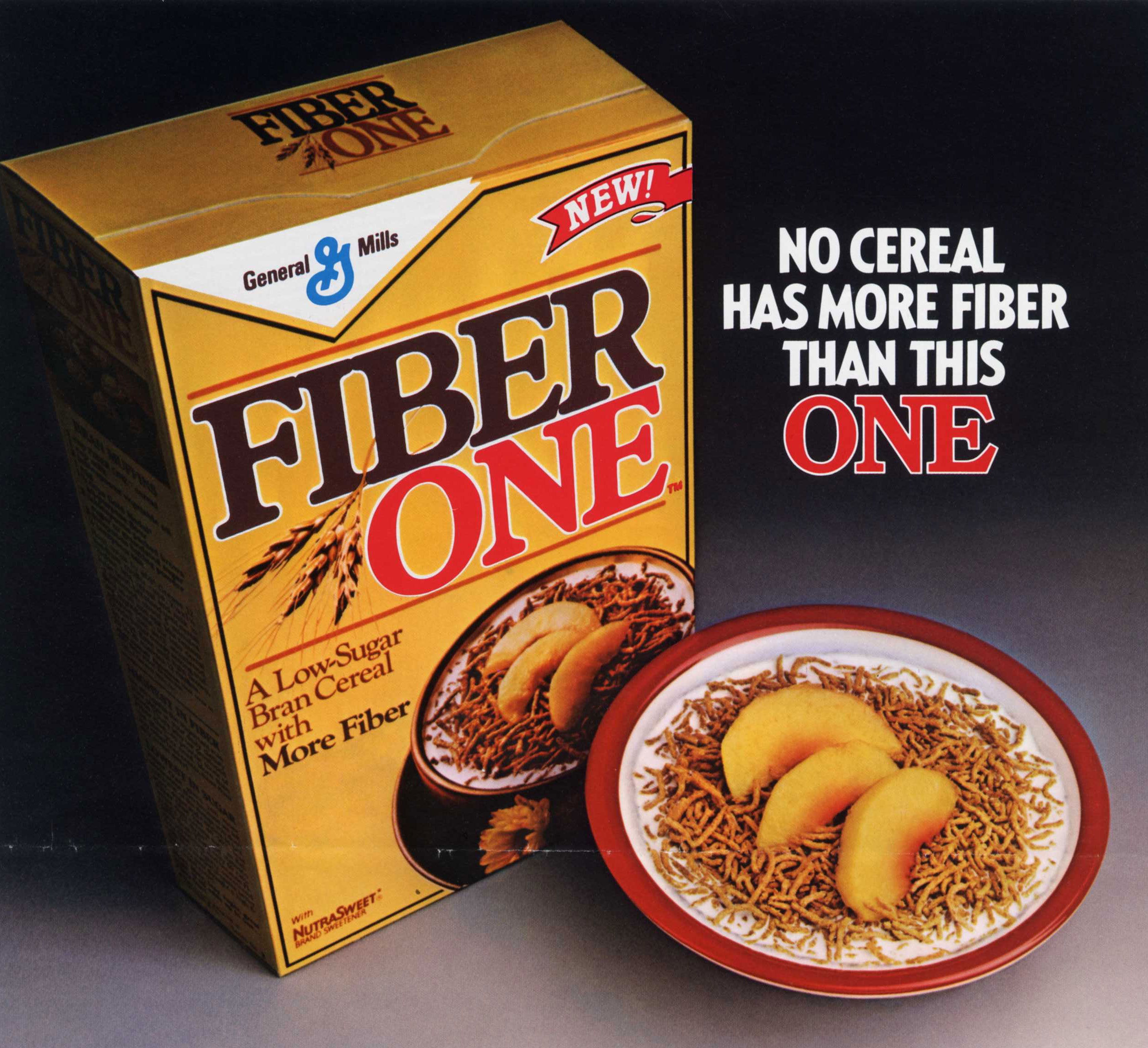 A retro-style print advertisement for Fiber One cereal. The ad features a yellow box of the cereal next to a bowl filled with cereal and topped with sliced peaches. Bold text on the right side reads, 'NO CEREAL HAS MORE FIBER THAN THIS ONE.