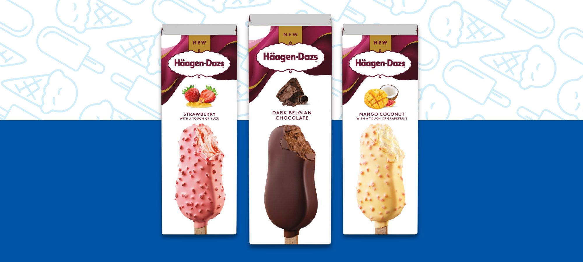 ​​New International products from Haagen Dazs, including stick bars, featured together in front of a blue and white background.