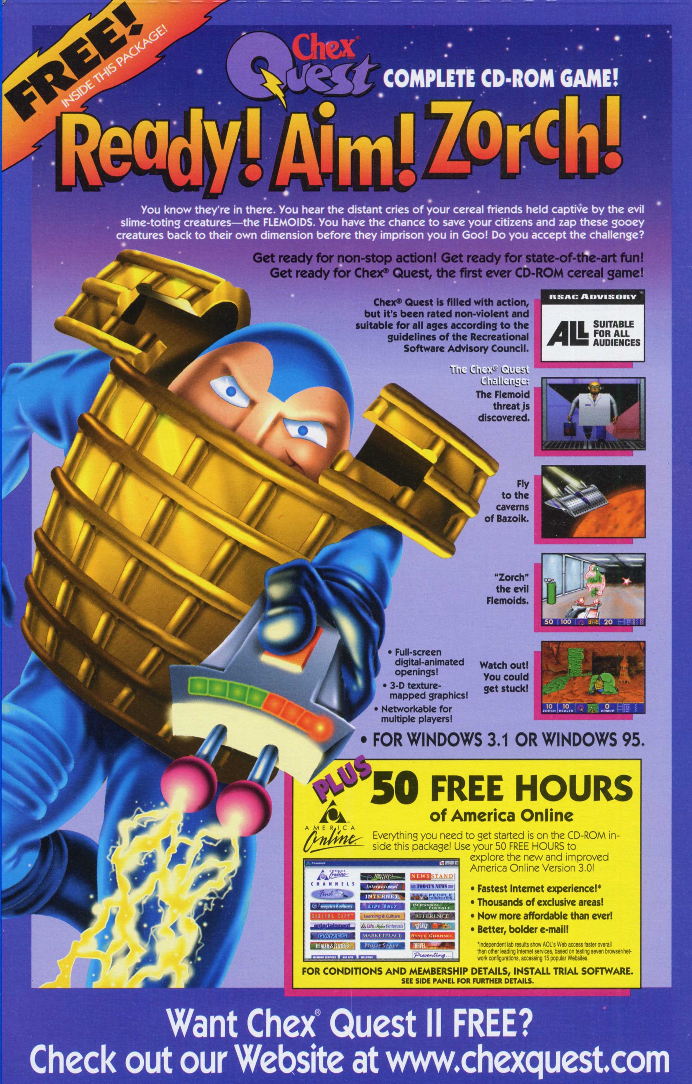 An advertisement from the 1990s for the "Chex Quest" CD-ROM game, which was included free in Chex cereal boxes. The ad features the game's protagonist in blue and gold armor holding a zapper-like weapon.
