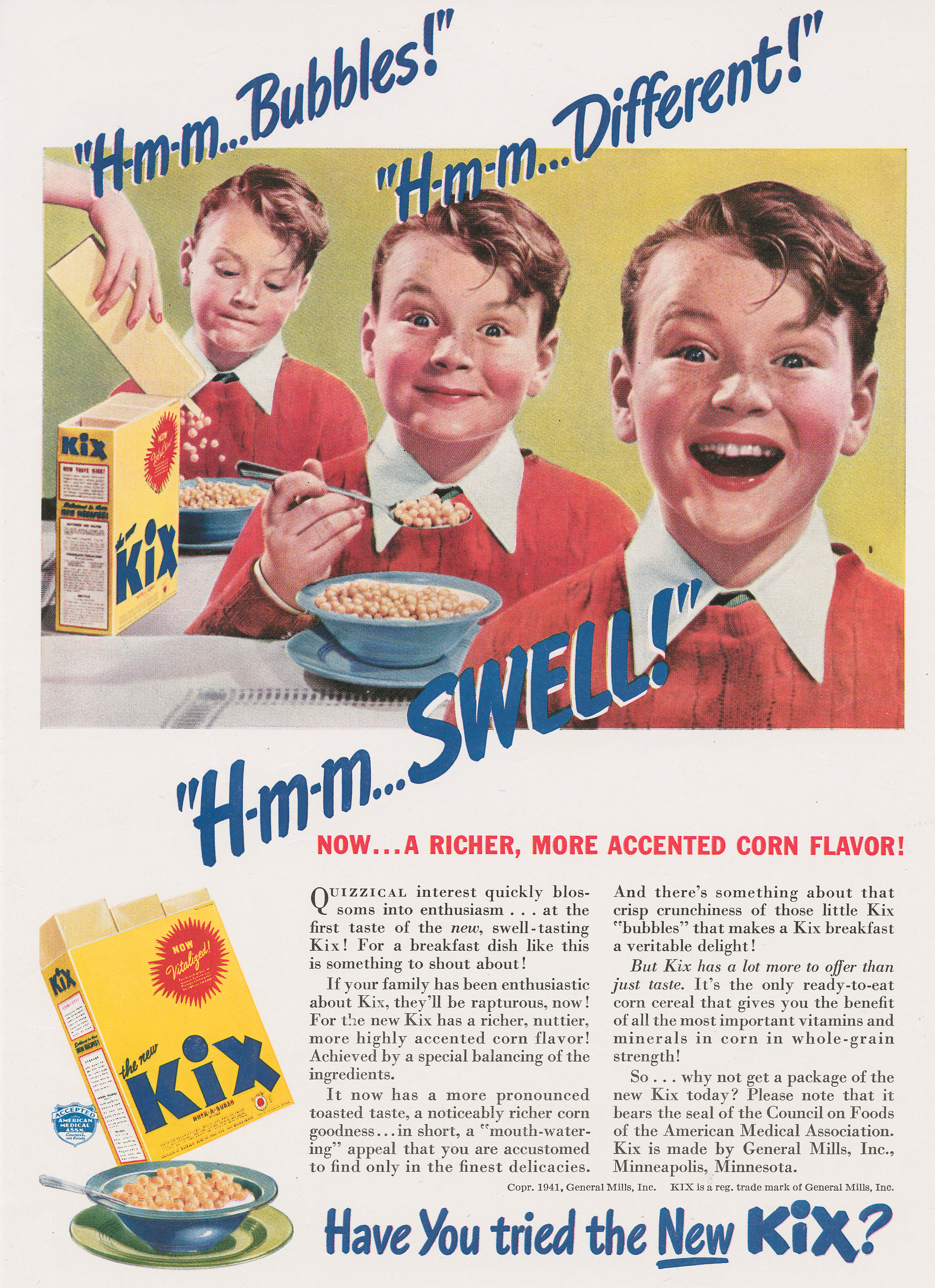 A vintage magazine advertisement for the "New Kix" cereal. It shows a young boy with three different expressions of enjoyment, captioned "H-m-m...Bubbles!", "H-m-m...Different!", and "...SWELL!". The ad copy describes the "richer, more accented corn flavor."