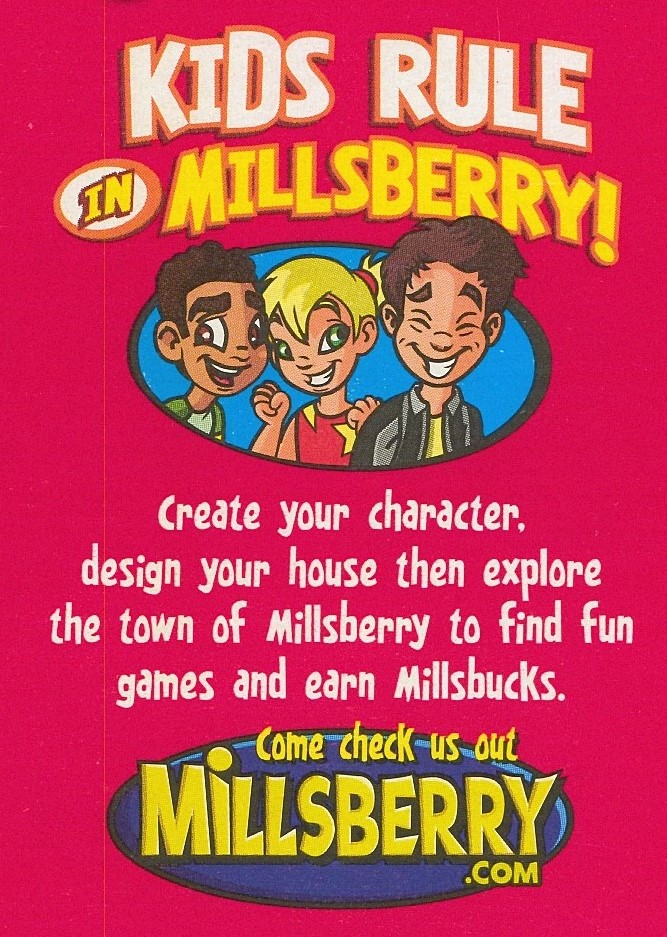 An advertisement for the online game Millsberry.com. It features three smiling cartoon kids with the headline "KIDS RULE IN MILLSBERRY!" The text encourages users to create a character, design a house, and explore the town to find games.