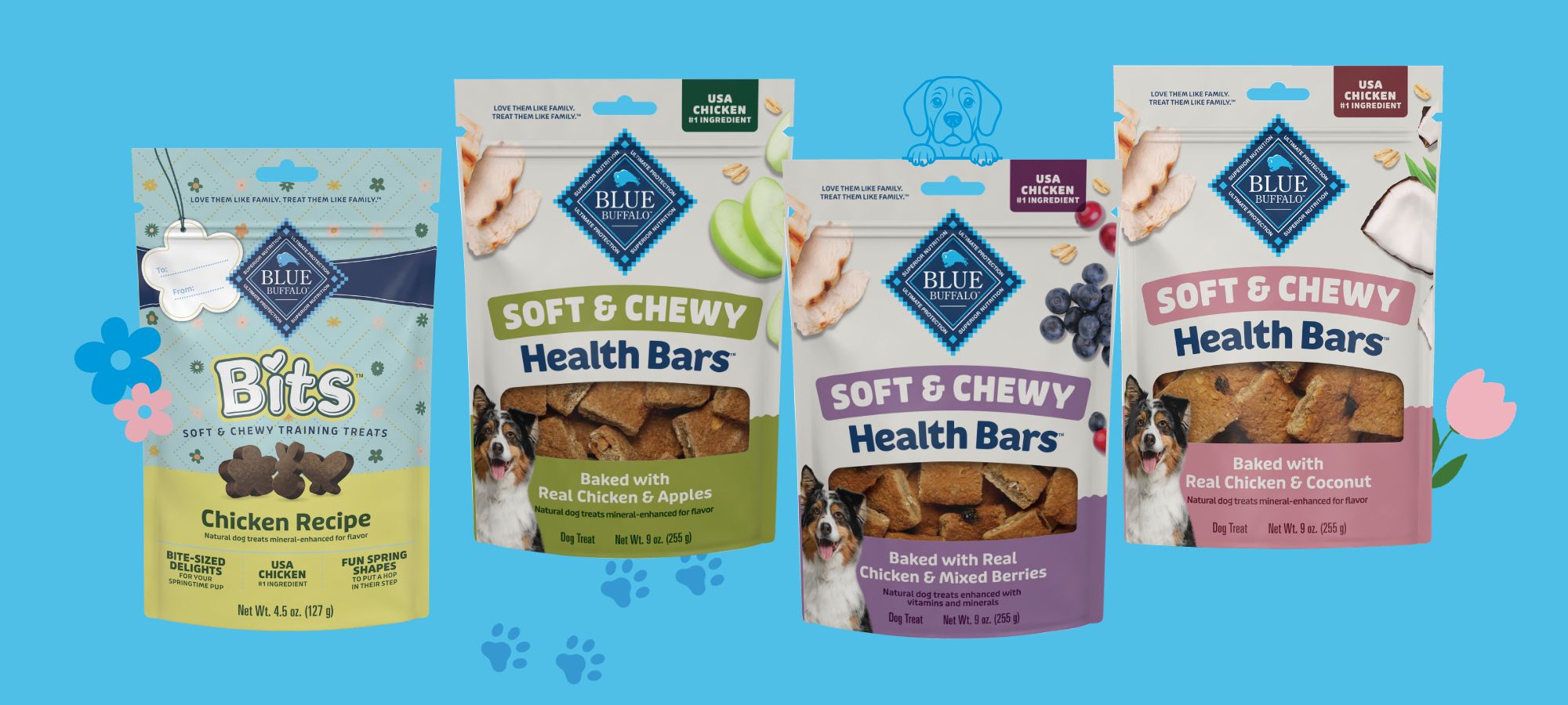 Blue Buffalo spring time treats including Soft and Chewy Health Bars arranged on a bright blue background with flower infographics for spring.