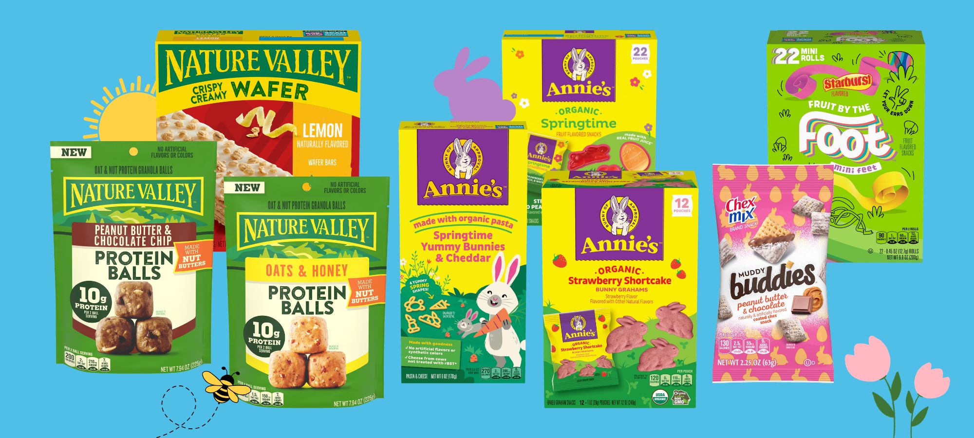 Nature Valley Protein Balls; Annie’s Strawberry Shortcake Bunny Grahams; and more arranged on a bright blue background with flower and bunny infographics for spring.