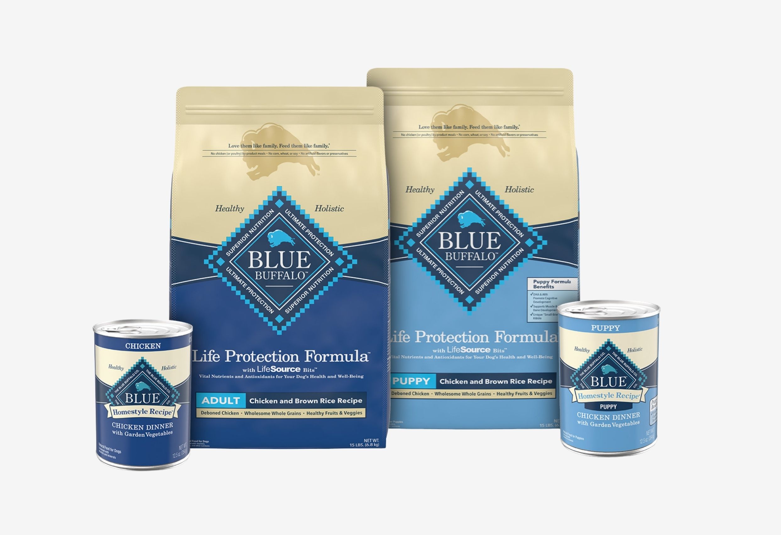 Two large bags and two small cans of Blue Buffalo Life Protection Formula dog food.