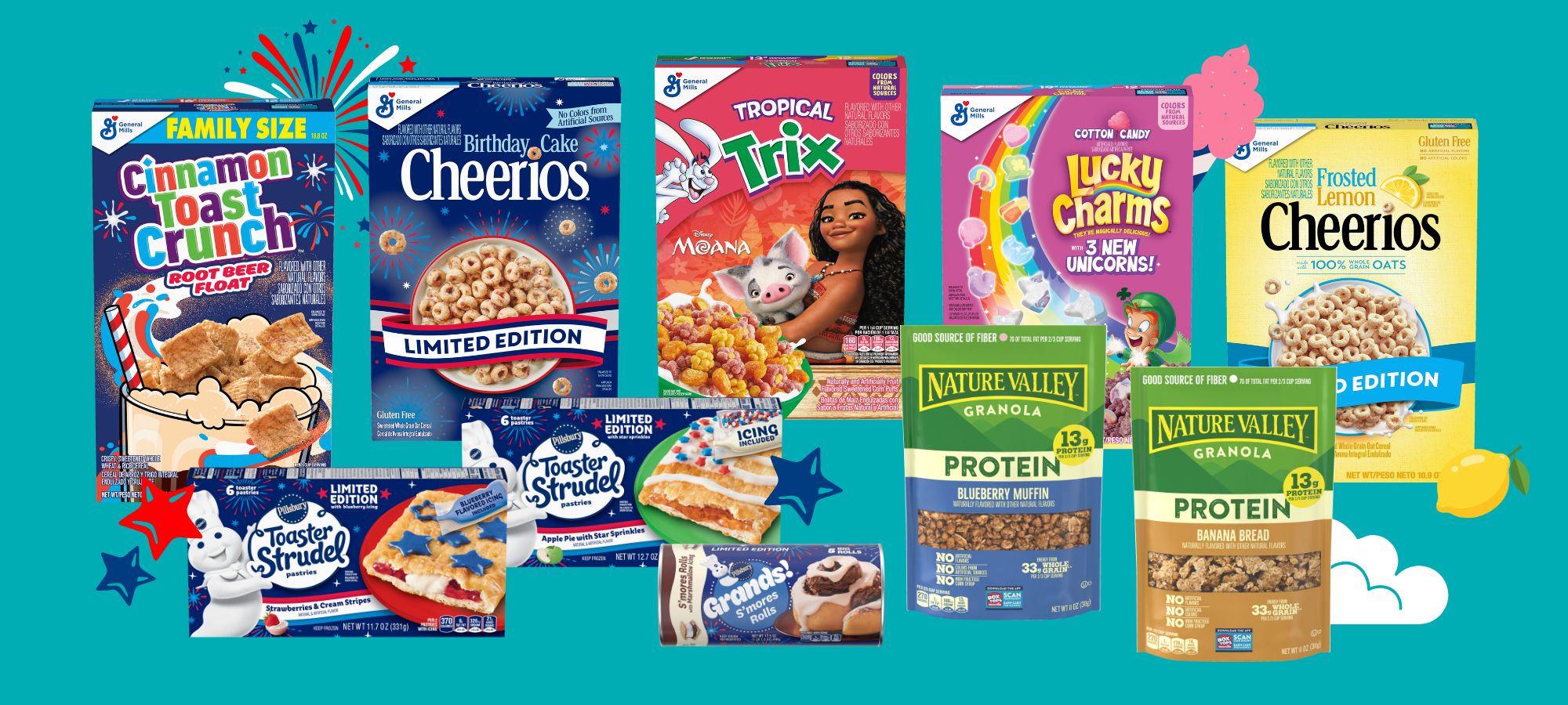 Easy summer breakfast options like Pillsbury Grands! S’mores Cinnamon Rolls and Nature Valley Granola featured on a summer-themed background.