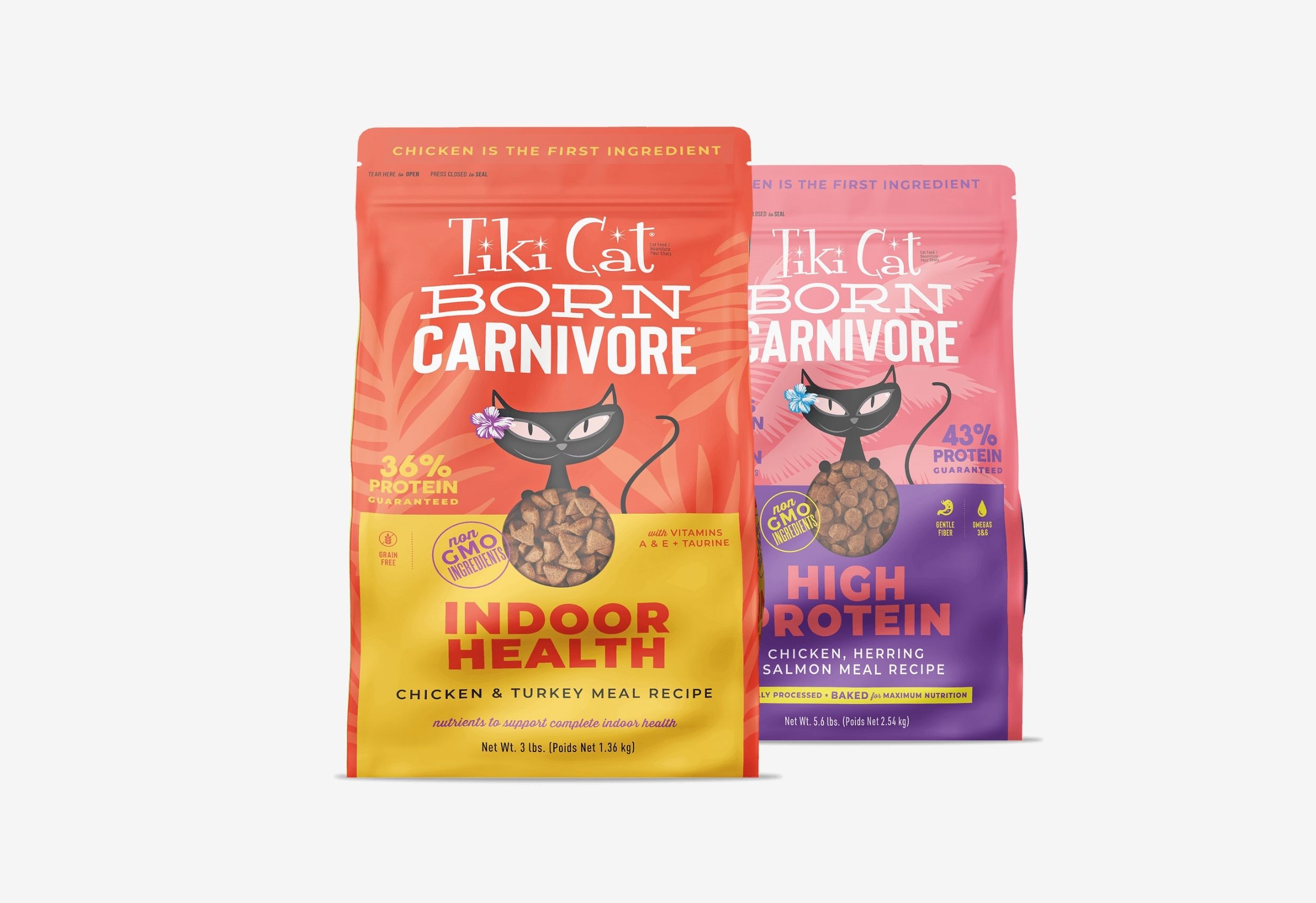 Two bags of Tiki Cat Born Carnivore dry cat food. 