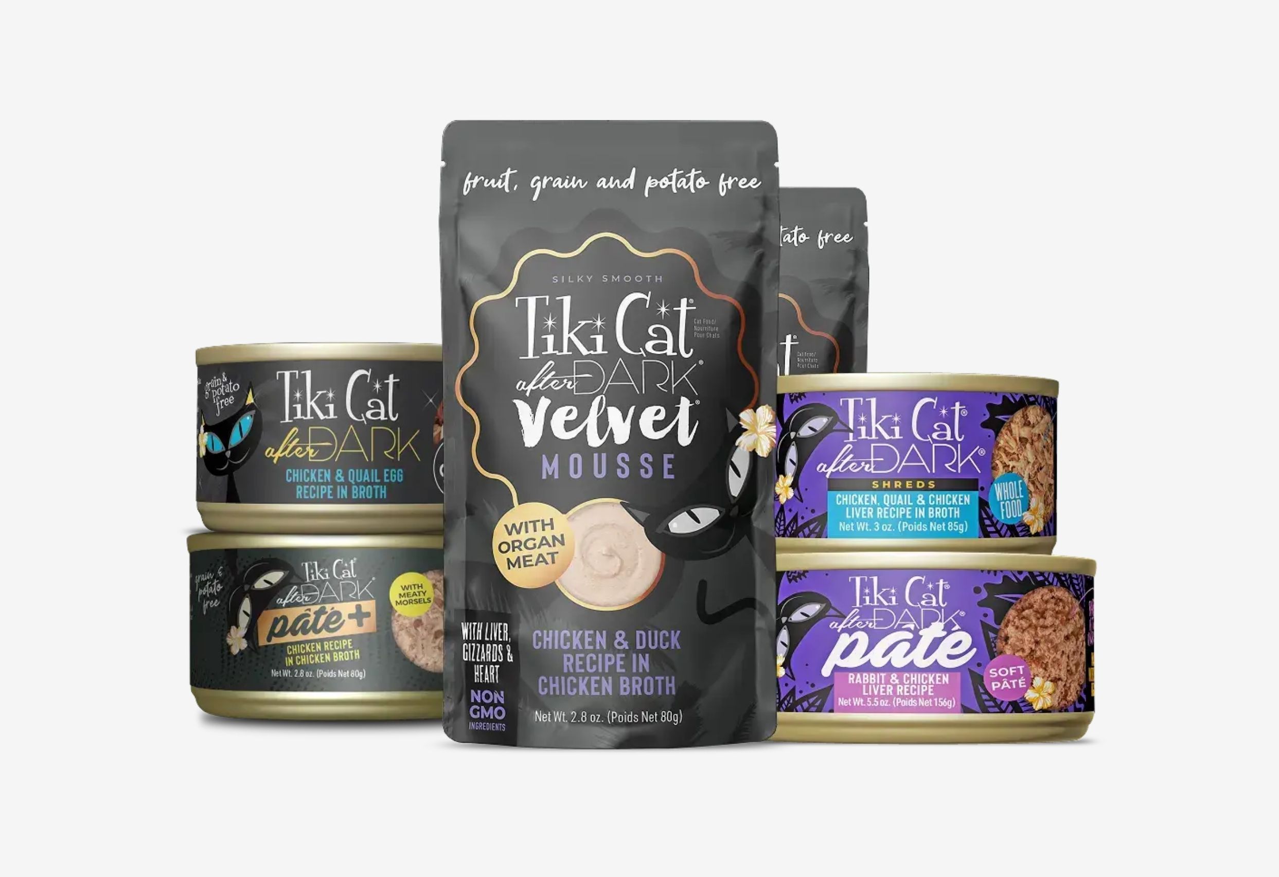 A collection of Tiki Cat After Dark wet cat food products.