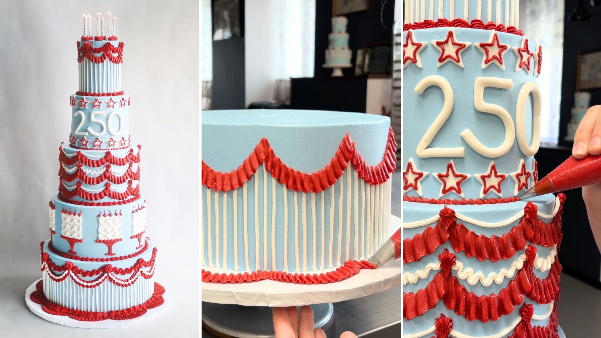 A three-panel composite image showing the decoration of an elaborate multi-tiered cake. The left panel displays the finished cake, which is light blue with extensive red and white icing decorations, including ruffles, vertical stripes, white stars with red outlines, and the number "250" prominently displayed on one tier. The top tier is adorned with several white candles. The middle and right panels are close-up shots of a hand using a piping bag with red icing to add intricate details, such as ruffles and borders, to the light blue cake tiers.