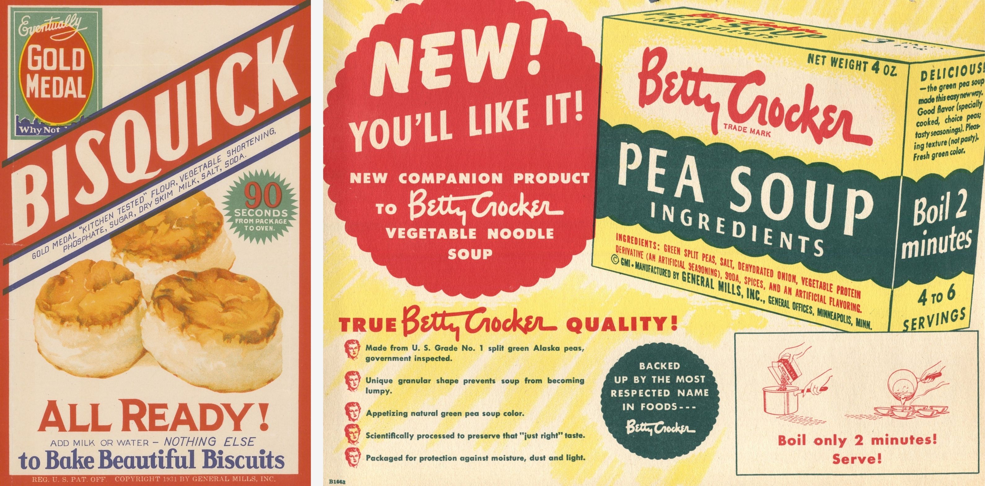 A vintage advertisement on the left promotes "Bisquick Gold Medal" with an image of three biscuits and text highlighting its quick preparation. On the right, a vintage ad for "Betty Crocker Pea Soup Ingredients" announces it as a "New!" product and emphasizes "True Betty Crocker Quality!"